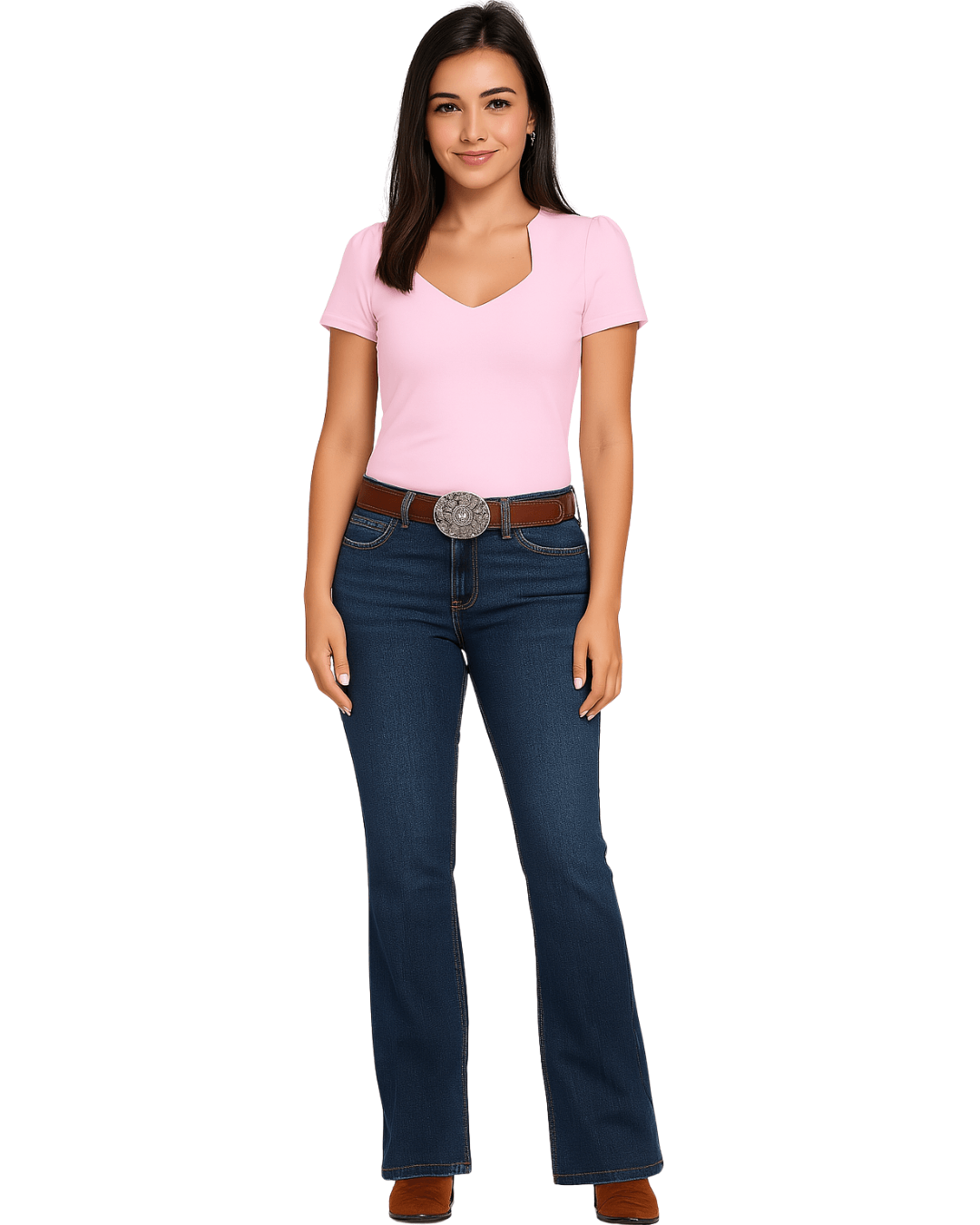 Woman wearing a pink shirt and blue jeans on a white background