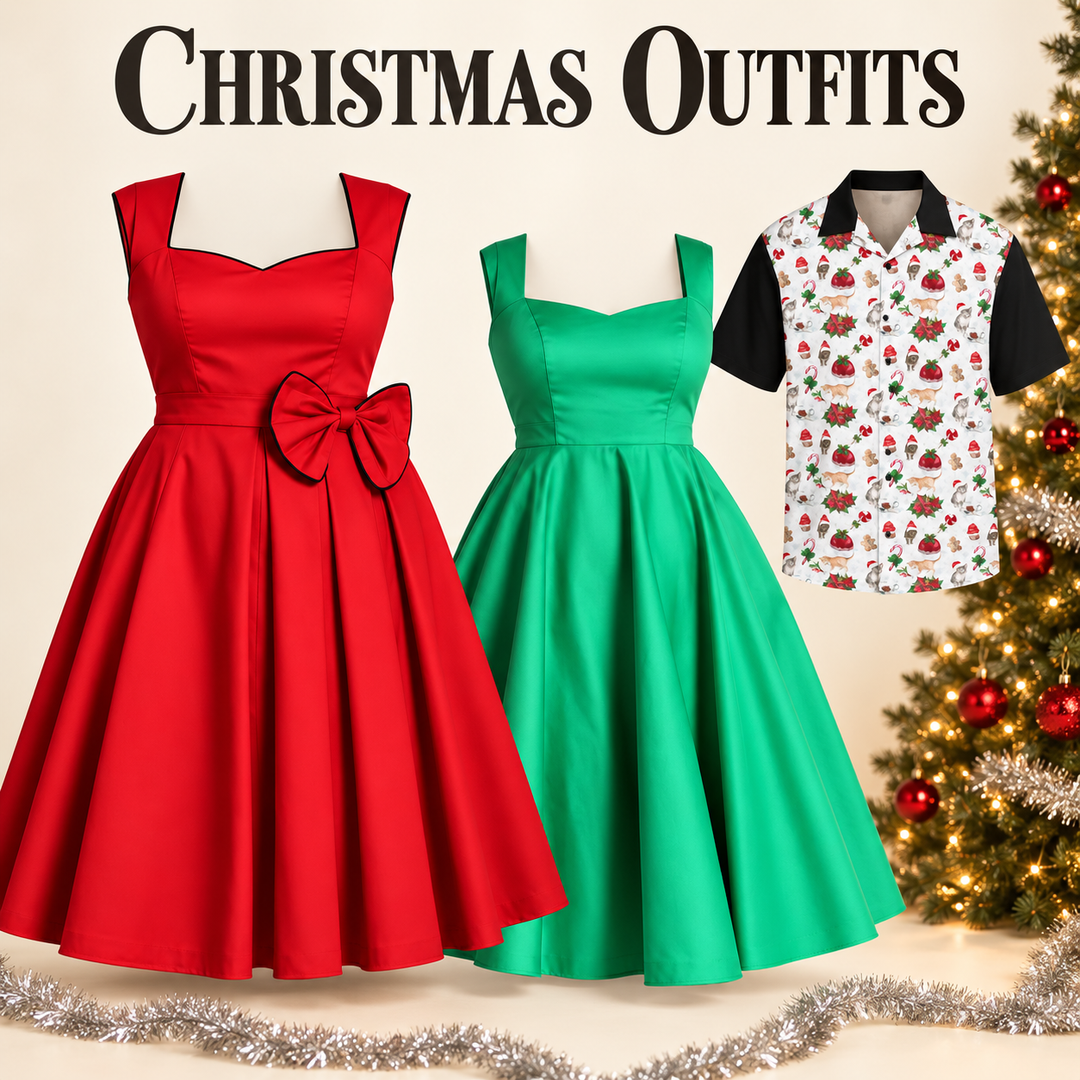 Red and green retro Christmas dresses and a Christmas Cats bowling shirt beside a decorated tree