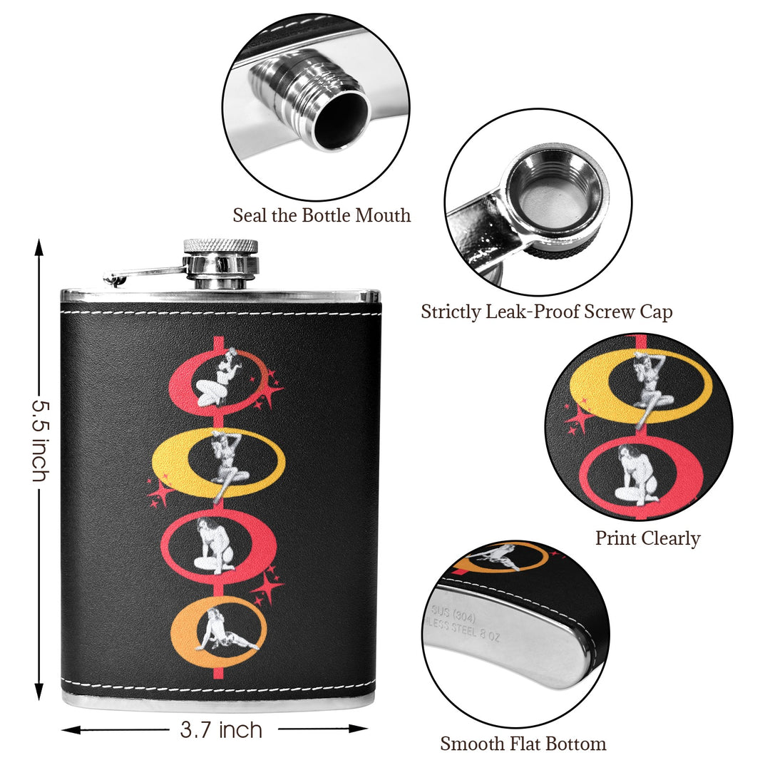Poison Arrow Retro 8 oz Black Hip Flask features pin-up girl design, leak-proof cap, and sleek black PU leather wrap.
