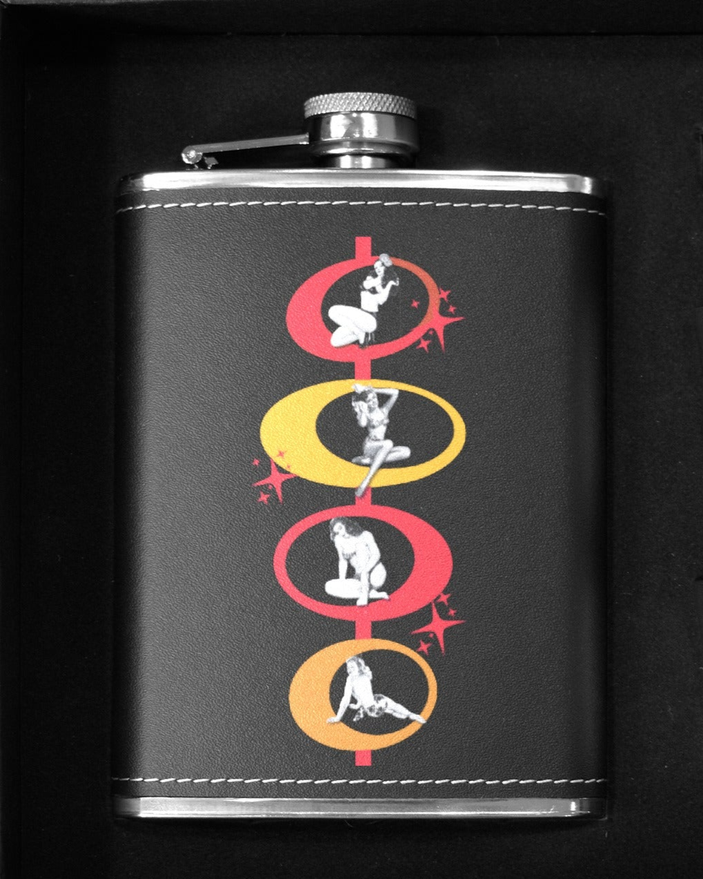 Black hip flask featuring retro pin-up girl designs, perfect for stylish and durable sipping. Available in Australia.