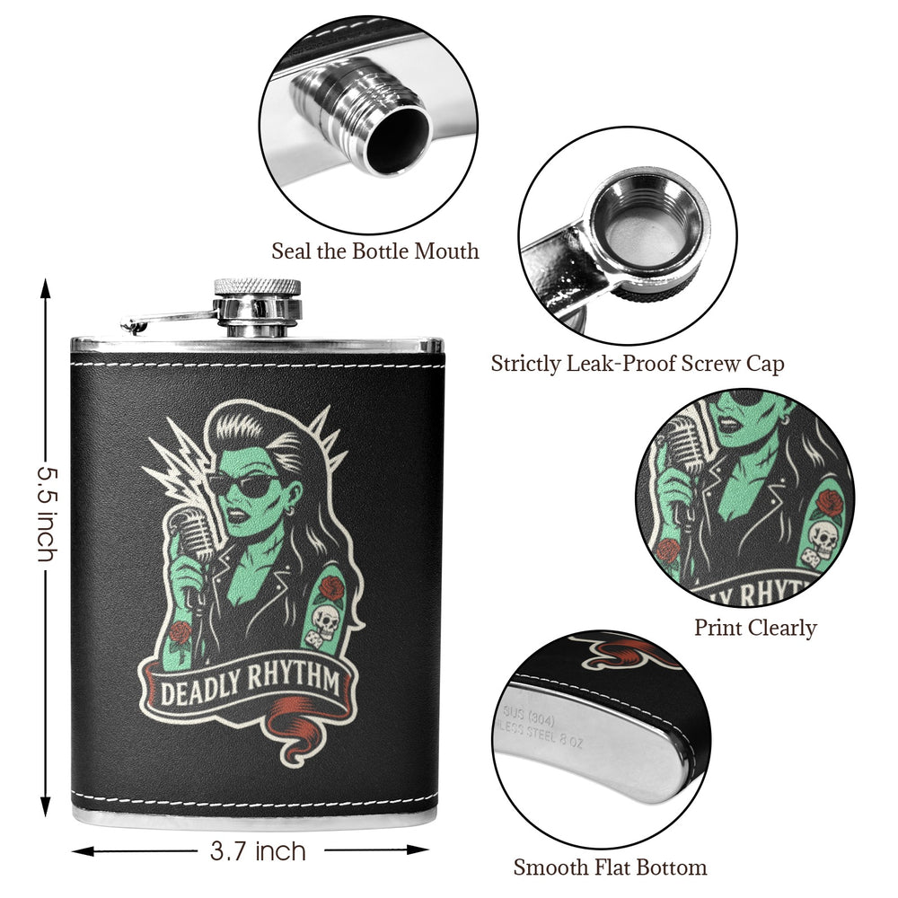 Deadly Rhythm 8 oz black hip flask with leak-proof cap and retro design, ideal for stylish drink storage in Australia.