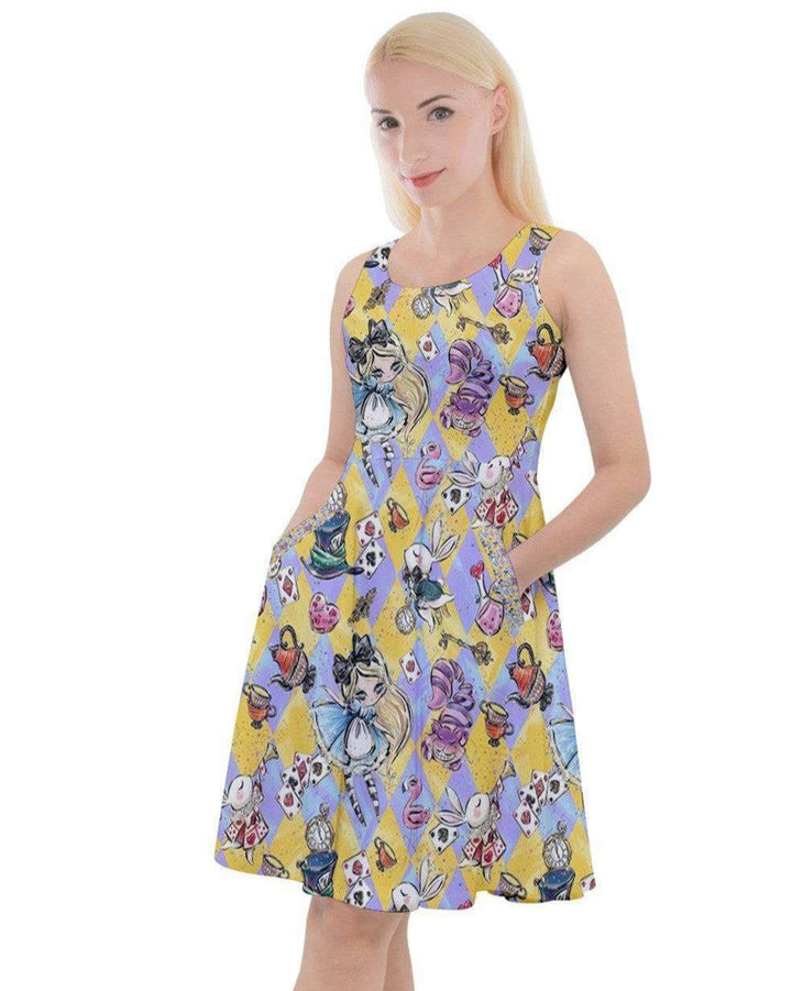 Alice in Wonderland Knee Length Skater Dress With Pockets - Poison Arrow Retro