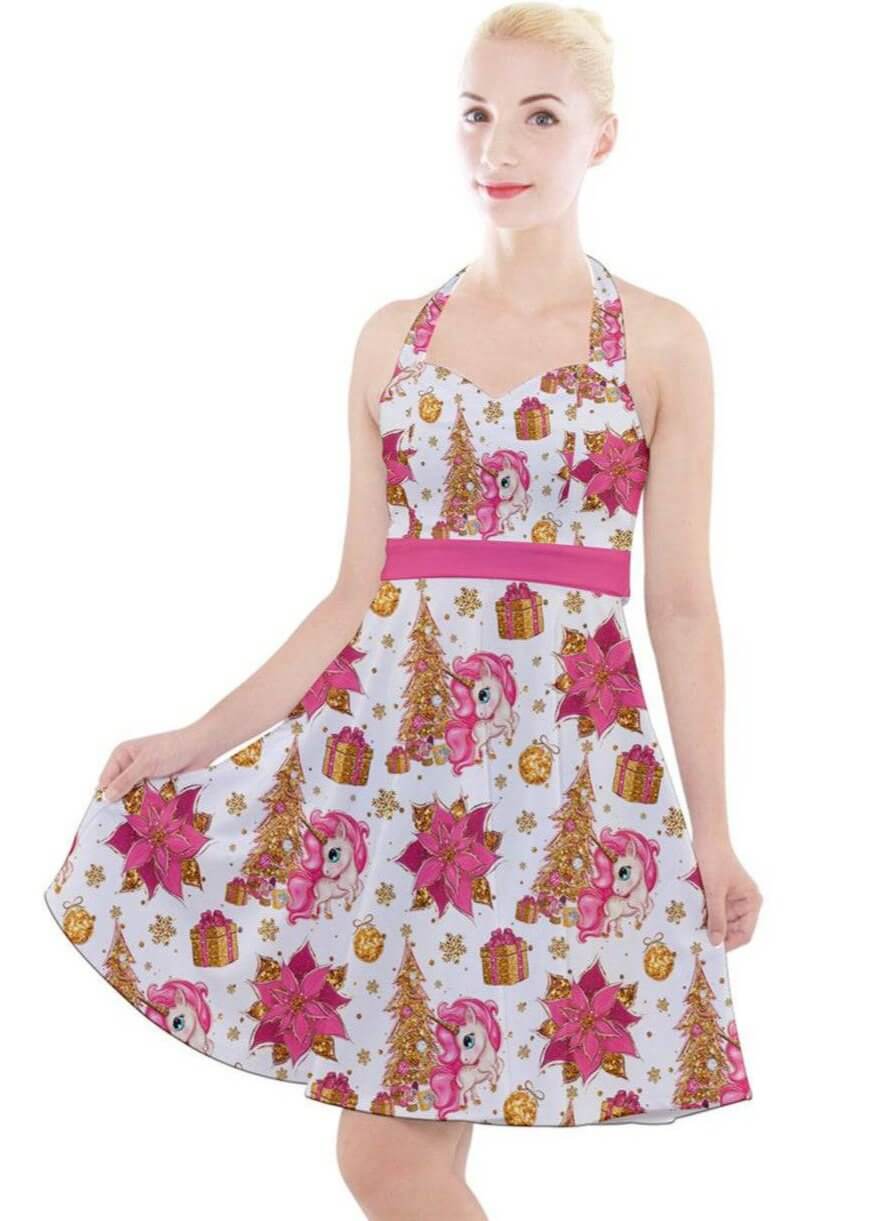 Christmas Unicorns Halter Swing Dress - Poison Arrow Retro
