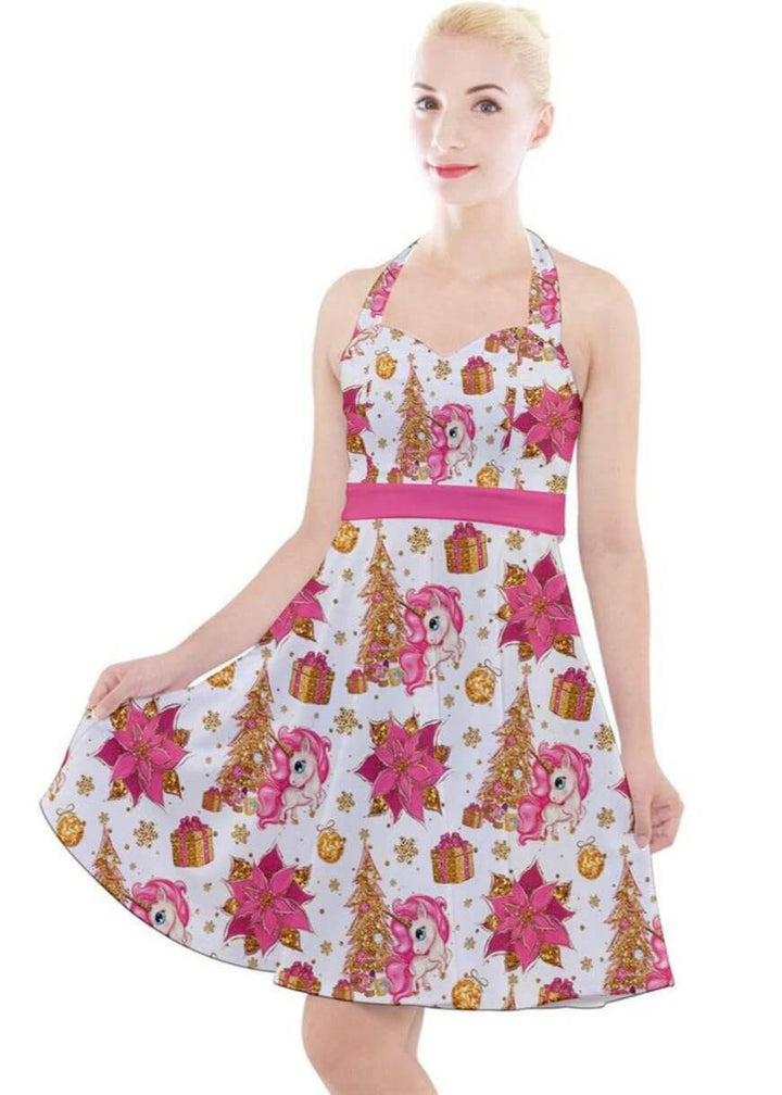 Christmas Unicorns Halter Swing Dress - Poison Arrow Retro