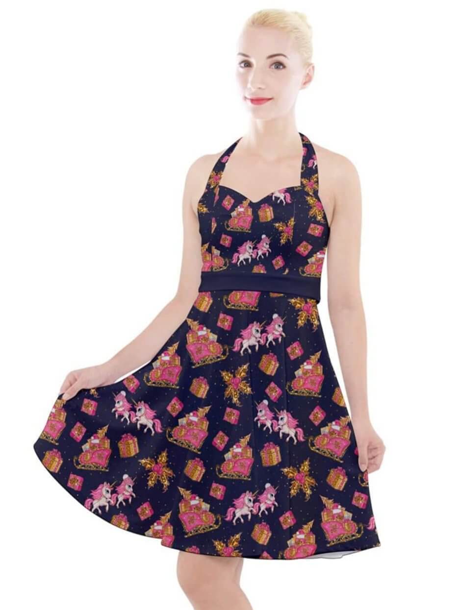 Christmas Unicorns Halter Swing Dress - Poison Arrow Retro