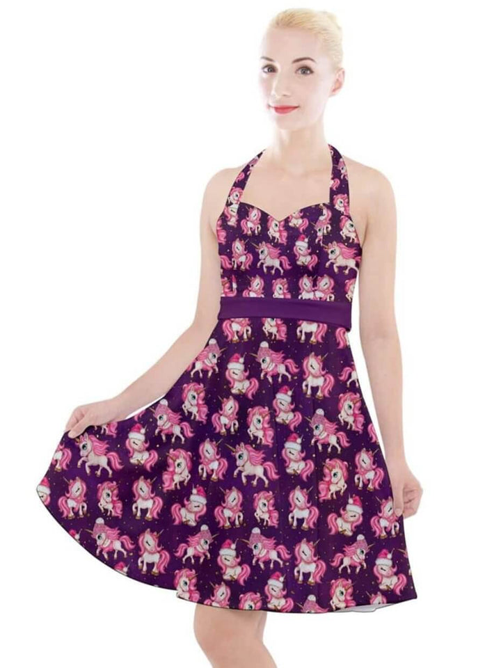 Christmas Unicorns Halter Swing Dress - Poison Arrow Retro