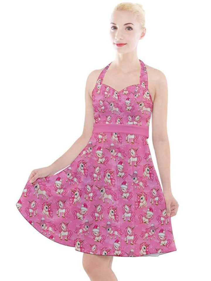 Christmas Unicorns Halter Swing Dress - Poison Arrow Retro
