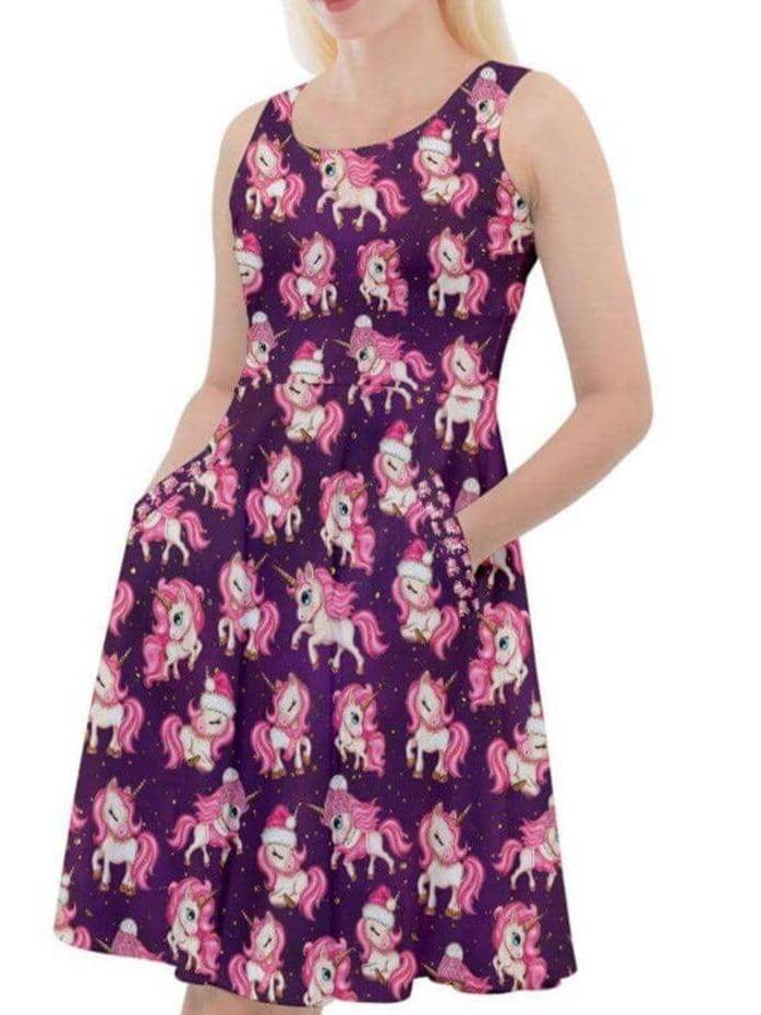 CHRISTMAS UNICORNS Knee Length Skater Dress With Pockets - Poison Arrow Retro