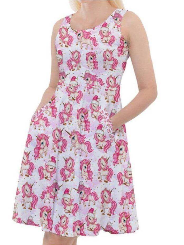 CHRISTMAS UNICORNS Knee Length Skater Dress With Pockets - Poison Arrow Retro