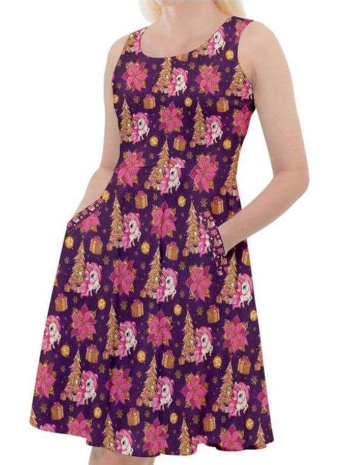 CHRISTMAS UNICORNS Knee Length Skater Dress With Pockets - Poison Arrow Retro