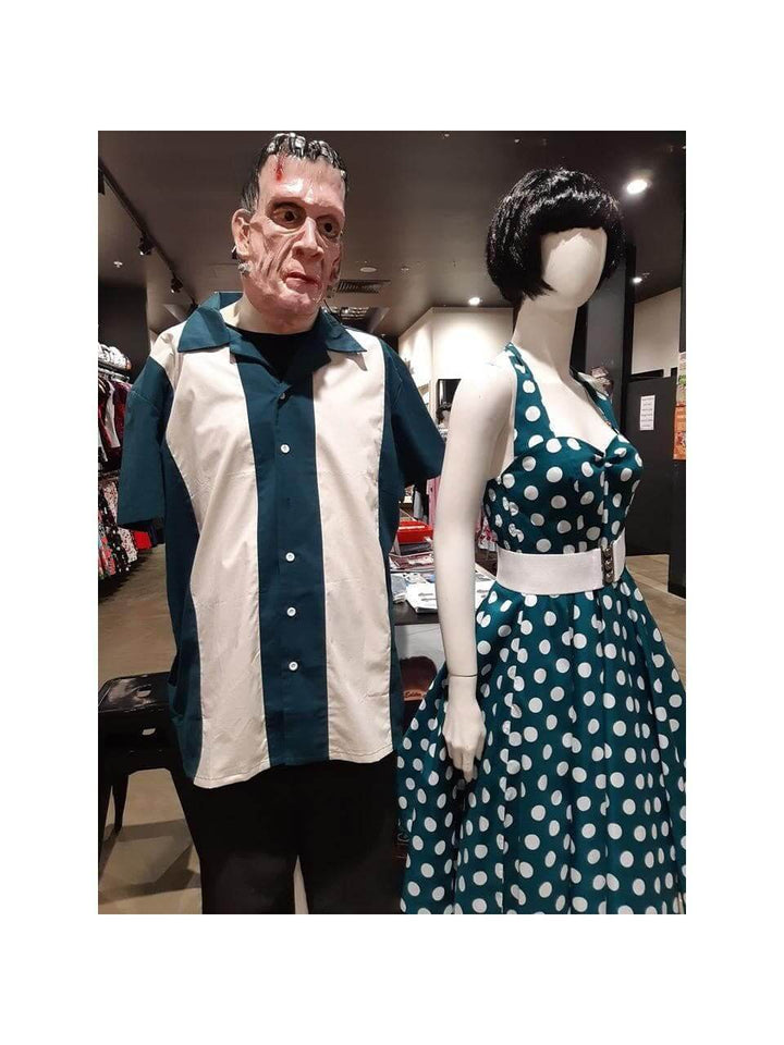 Mens Vintage Style Bowling Dress Shirt - TEAL/IVORY - Poison Arrow Retro