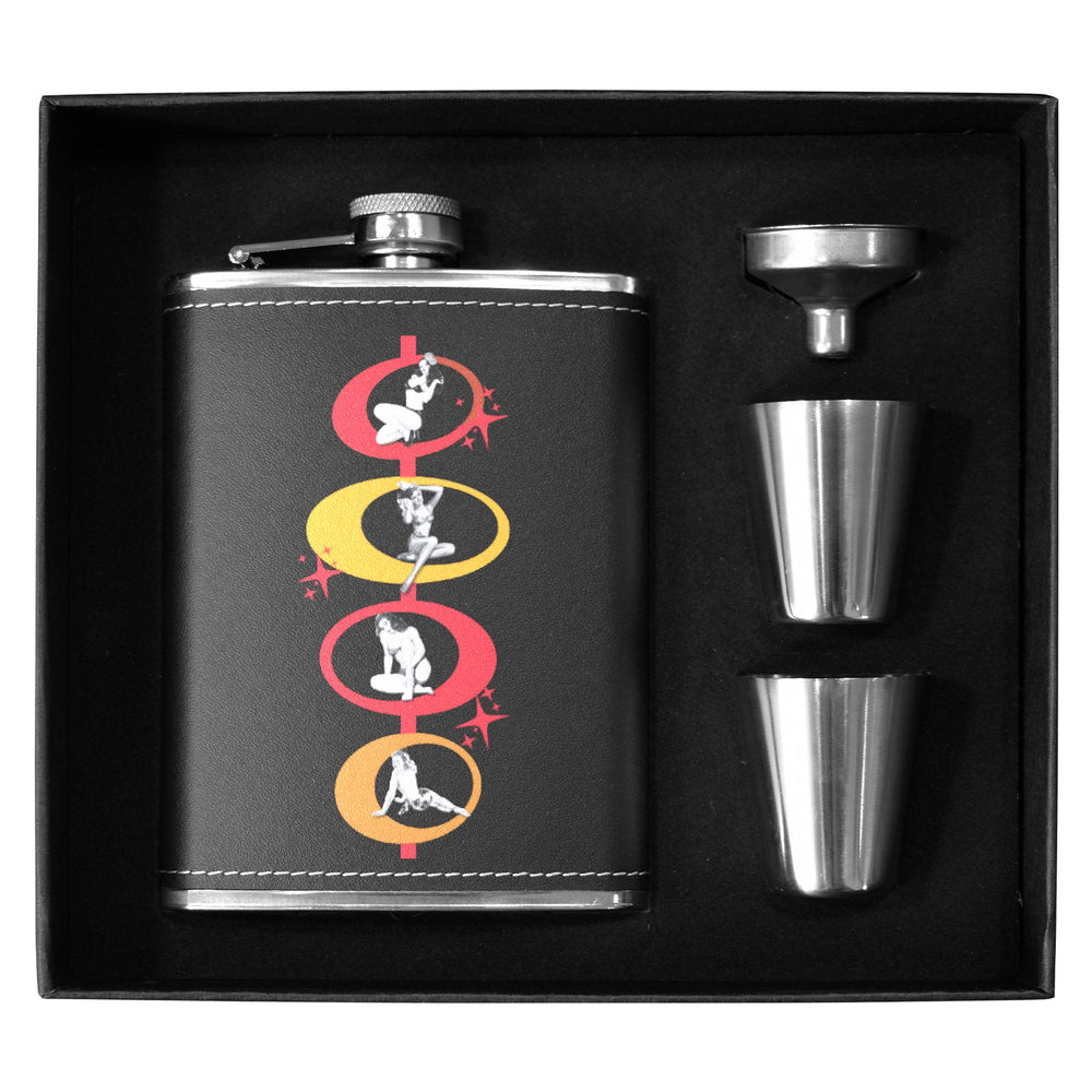 Pin-Up Girls 8 oz black hip flask set in box with two cups and funnel, perfect for stylish drinking in Australia.