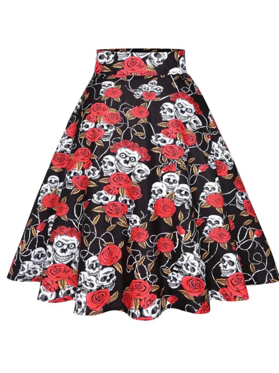 Skulls and Roses Flared Skirt - Poison Arrow Retro