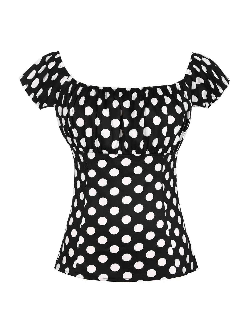 Black and white polka dot peasant style top with ruched design and short sleeves, perfect for casual elegance.