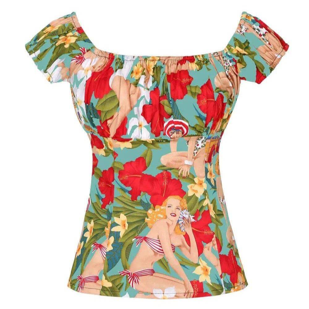 Tropical Pinups Blue Peasant Style Top - Poison Arrow Retro
