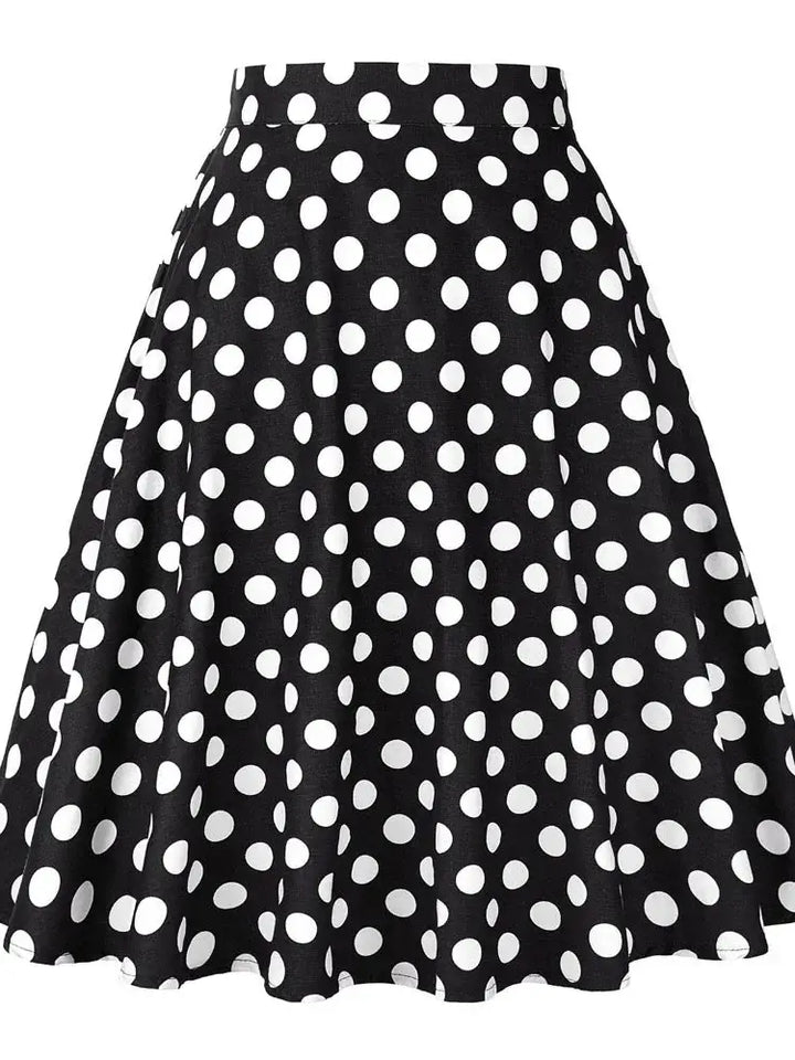 Polka Dot Flared Skirt in classic black and white, vintage-inspired A-line design made from cotton and spandex, knee-length.