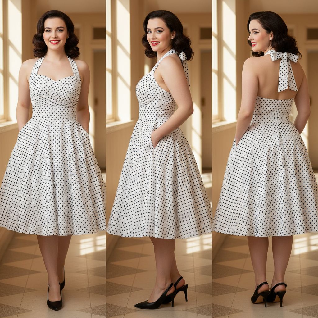 Woman wearing a white dress with black polka dots in a sunlit room.
