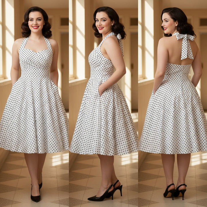 Woman wearing a white dress with black polka dots in a sunlit room.