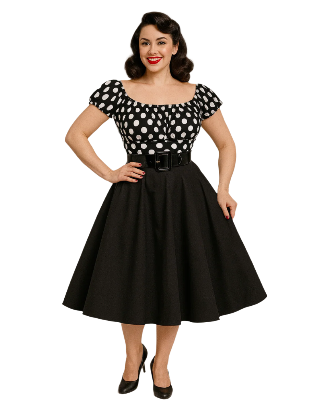 Model showcasing a black and white polka dot peasant top with a belted black skirt and elegant hairstyle.