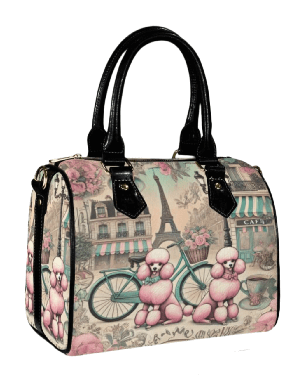 Stylish Poodle de Paris handbag with vintage Parisian design, featuring pink poodles and a bike against a backdrop of iconic landmarks.