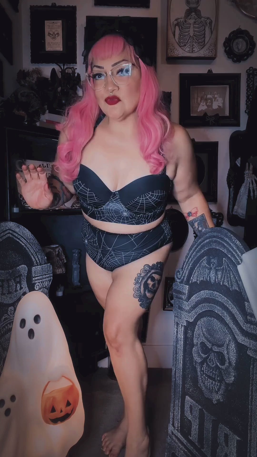 Mindy Morbs wearing the Spiderweb Glamour high-waisted bikini
