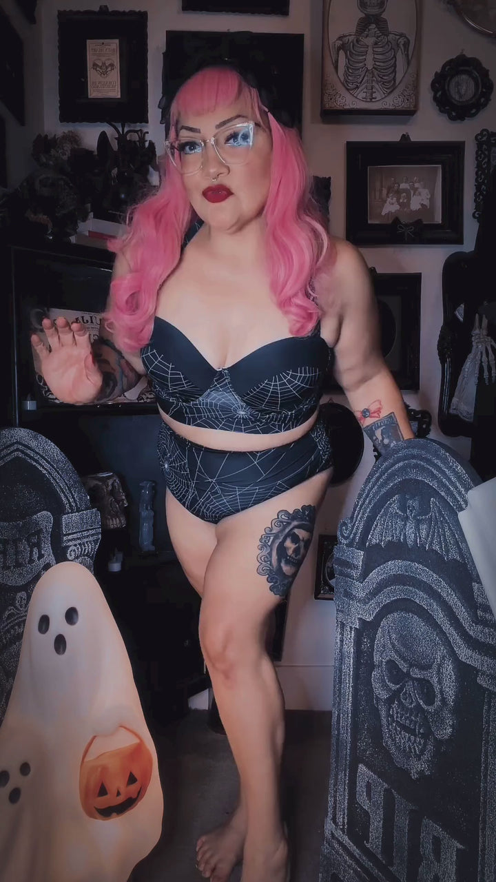 Mindy Morbs wearing the Spiderweb Glamour high-waisted bikini