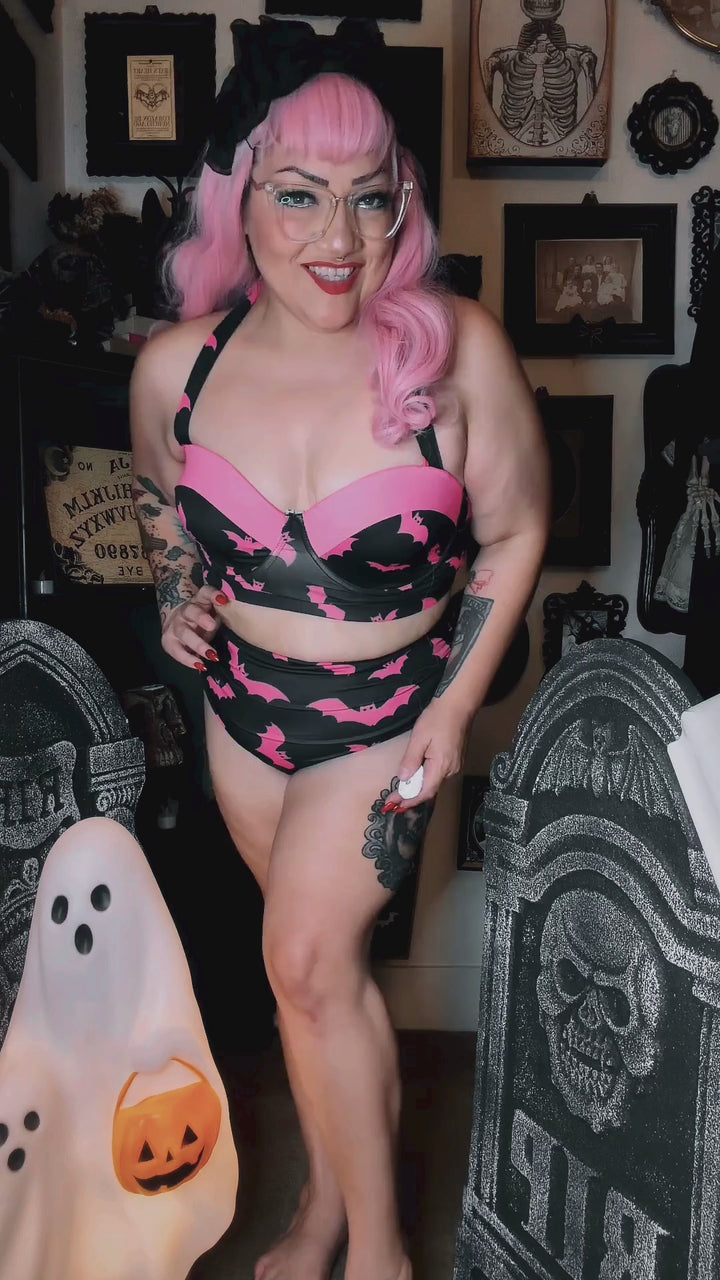 Mindy Morbs wearing the Pink Bat Glamour high-waisted bikini