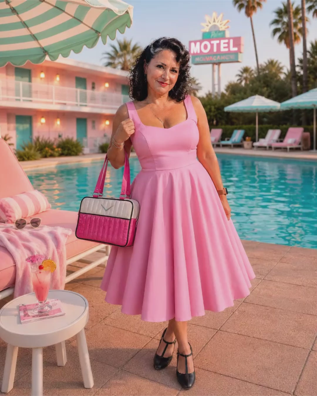 Hell Bunny Heidi Pink Cotton Satin 50s Midi Dress