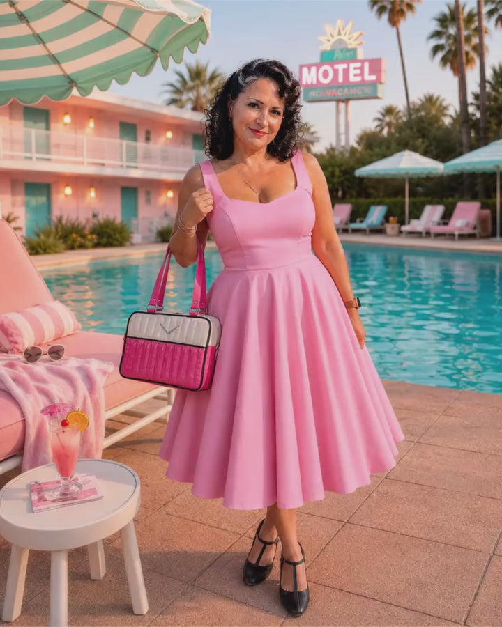Hell Bunny Heidi Pink Cotton Satin 50s Midi Dress