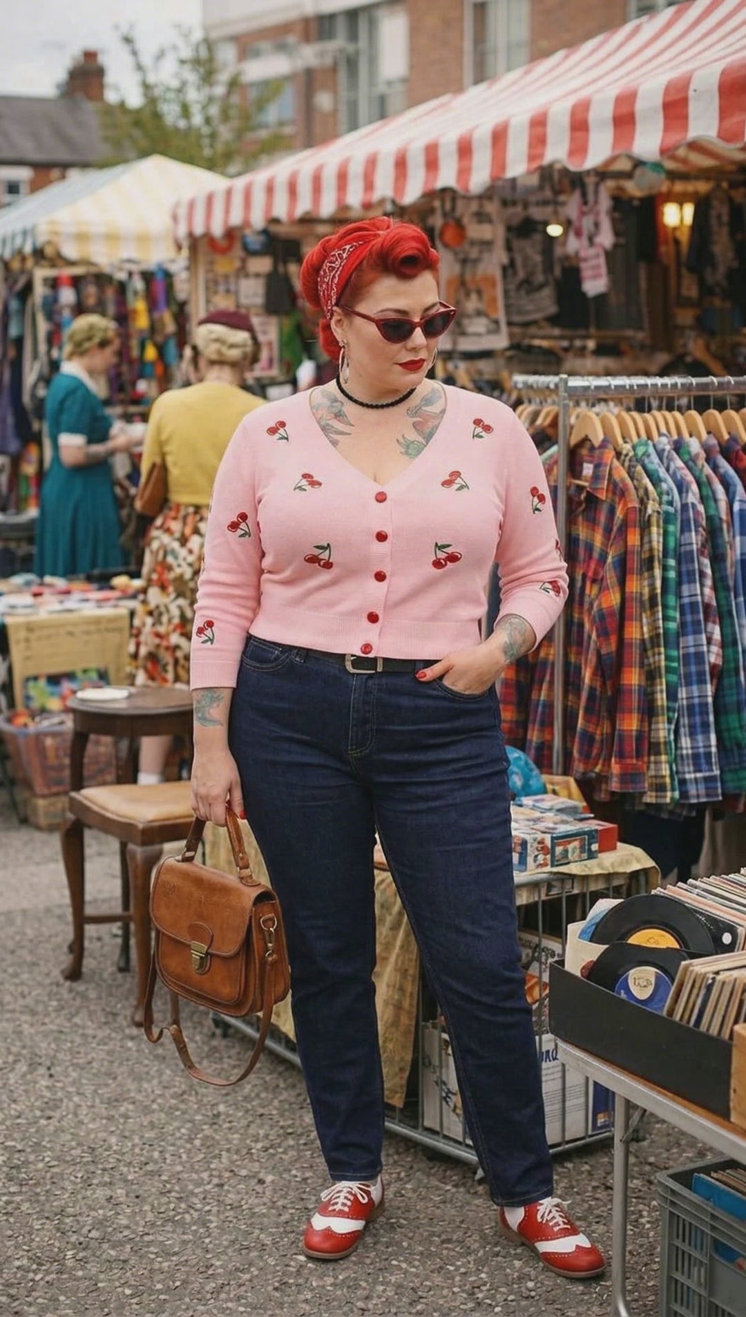 woman wearing pink cherry rockabilly cardigan at vintage markets
