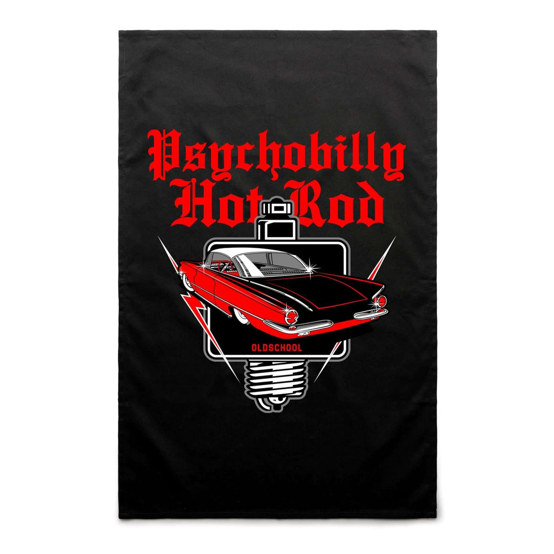 Psychobilly Hot Rod Tea Towel featuring a retro car design on black cotton fabric.