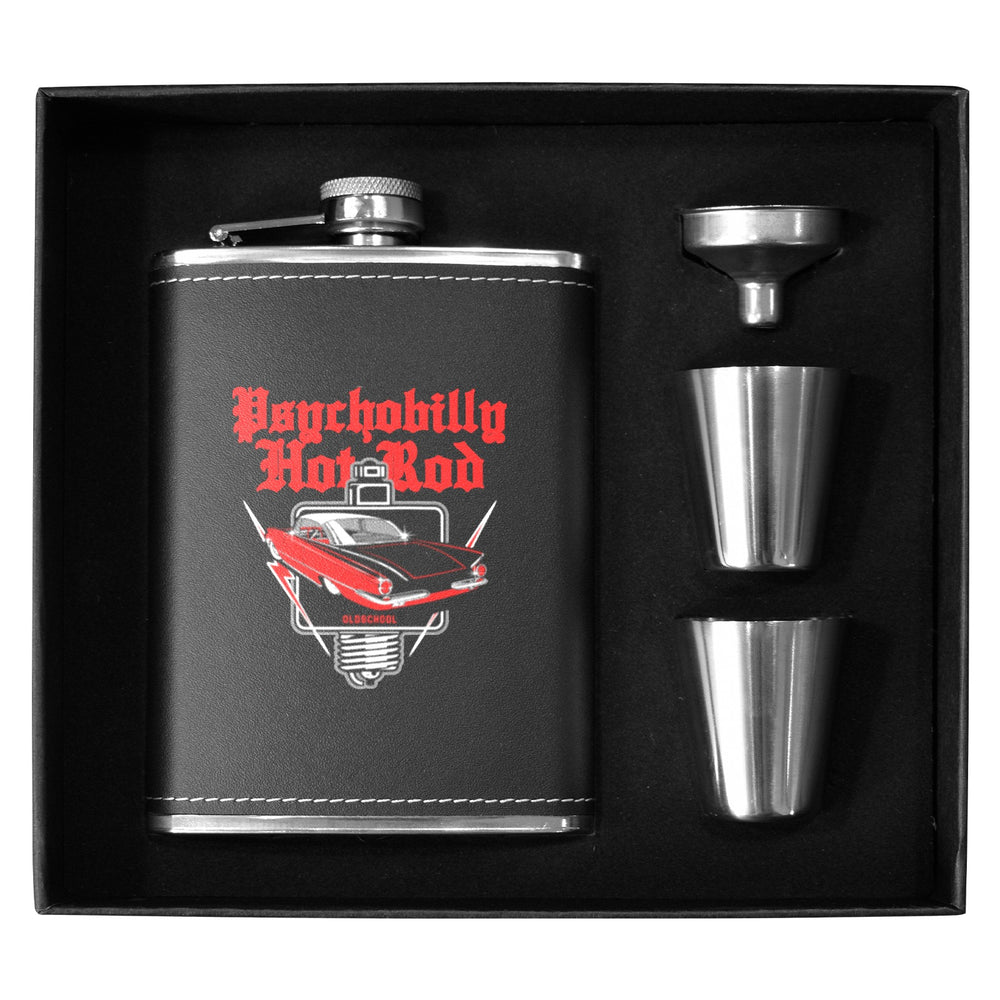 Psychobilly Hot Rod black hip flask set with stainless steel shot cups, stylish gift box, perfect for unique occasions.