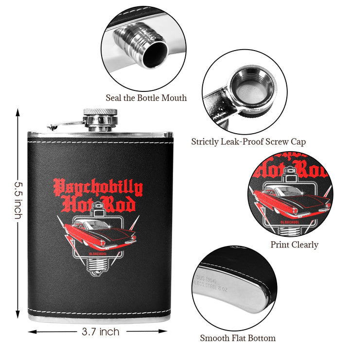 Psychobilly Hotrod 8 oz black hip flask features leak-proof screw cap and stylish design, ideal for outdoor adventures.