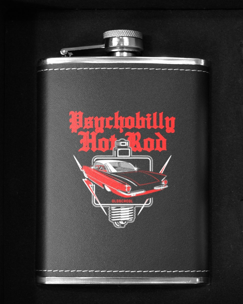Psychobilly Hot Rod 8 oz black hip flask featuring vintage car design, perfect for collectors in Australia.