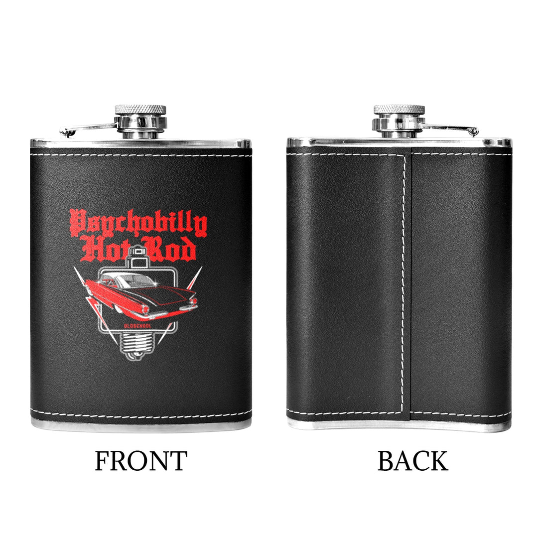 Psychobilly Hotrod 8 oz black hip flask showcasing front and back designs with retro car graphics.