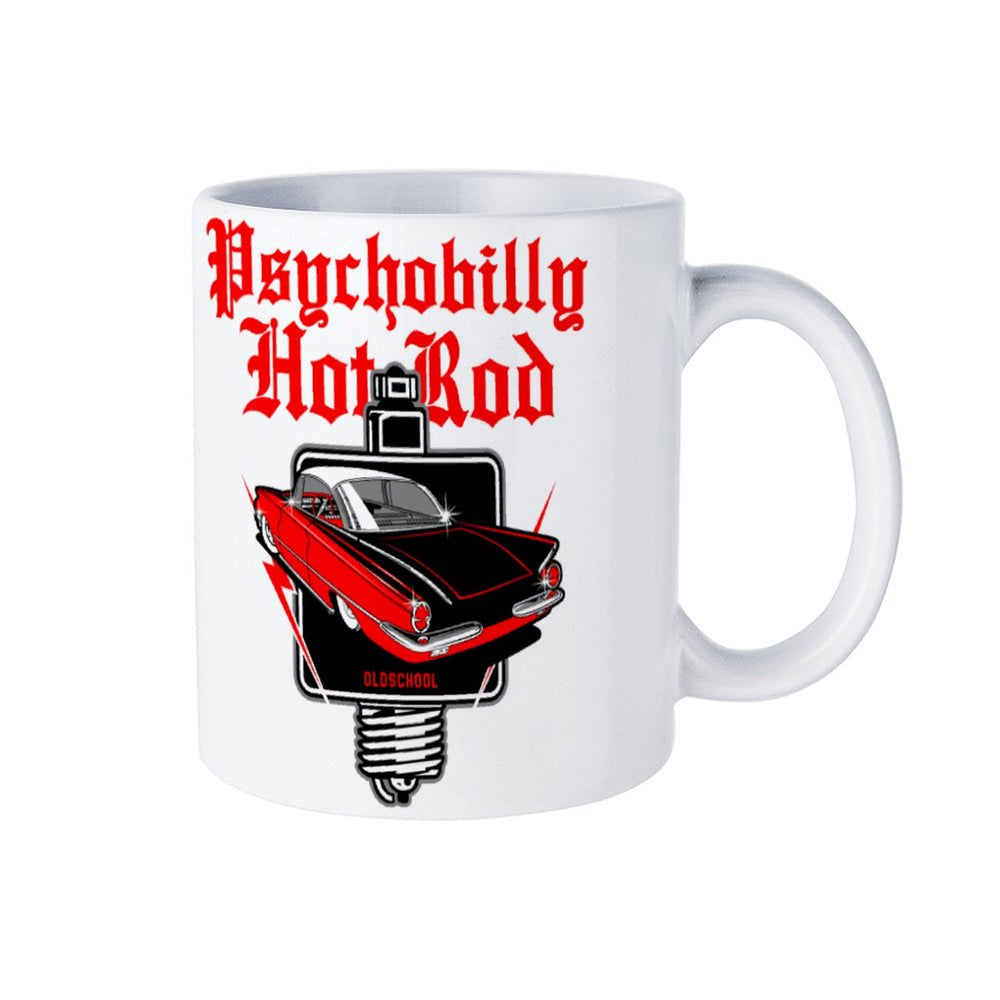 Psychobilly Hotrod white ceramic mug featuring a retro car design, perfect for coffee lovers and gifts.