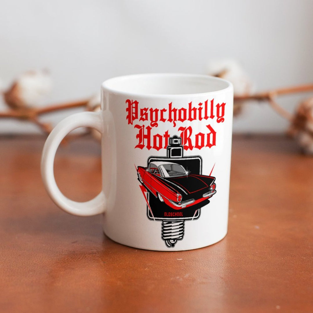 Psychobilly Hotrod white ceramic mug, 16.9 oz capacity, retro coffee mug with bold design, perfect for coffee lovers.