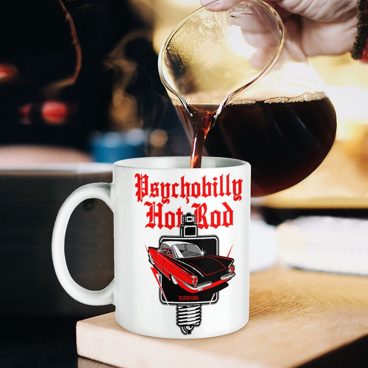 Psychobilly Hotrod white ceramic mug with retro car design, perfect for coffee or tea, showcasing a stylish and durable drinkware.