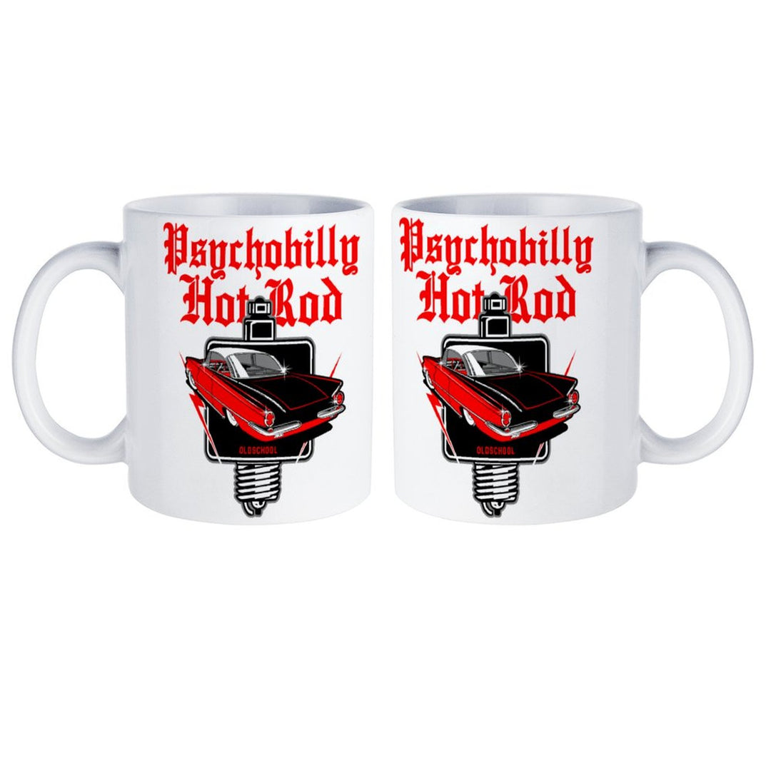 Psychobilly Hotrod white mug featuring retro car design, perfect for coffee lovers and unique gifting.