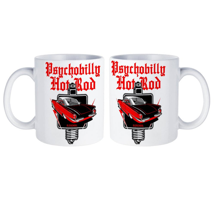 Psychobilly Hotrod white mug featuring retro car design, perfect for coffee lovers and unique gifting.