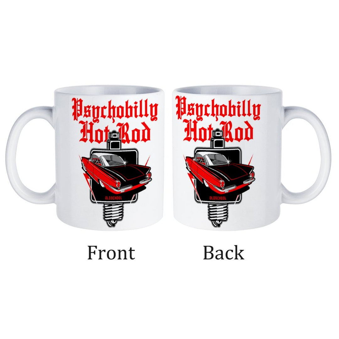 Psychobilly Hotrod white ceramic mug featuring retro car design, 16.9 oz capacity, perfect for coffee lovers.