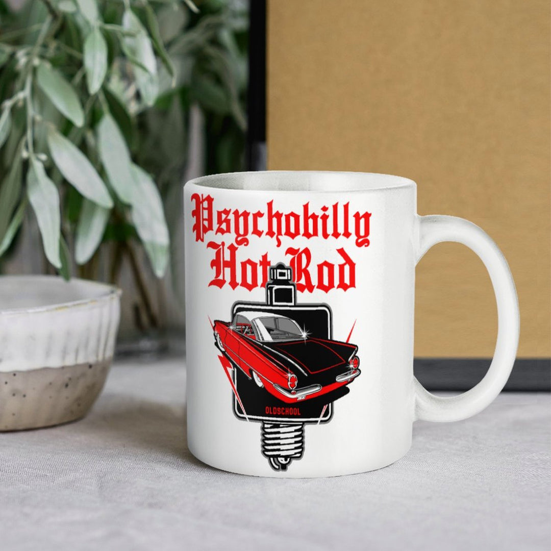 Psychobilly Hotrod white ceramic mug featuring retro car design, perfect for coffee enthusiasts and gifts.