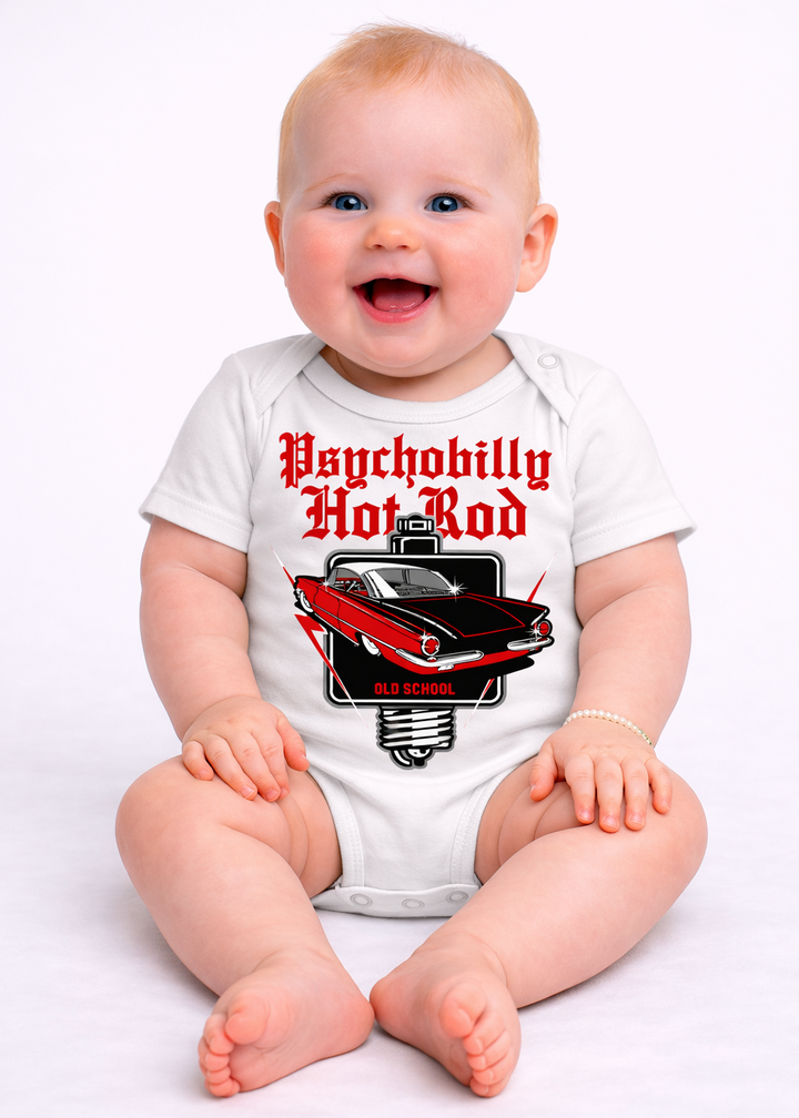 Rockabilly psychobilly hot rod baby romper featuring classic car graphic. Perfect for hot rod families and alternative baby clothing lovers.
