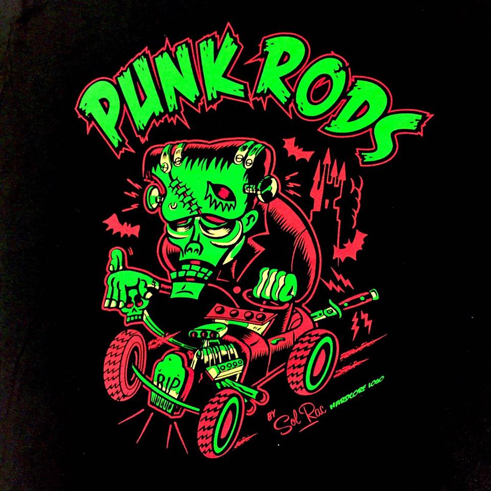 Punk Rods boys t-shirt featuring a vibrant Frankenstein character driving a hot rod with a Hardcore Logo design.
