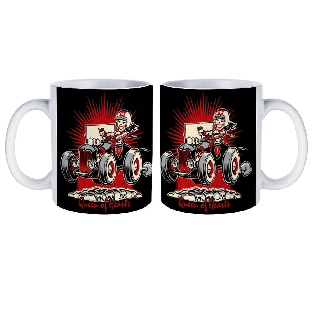 Queen of Hearts retro coffee mug set featuring a cartoon character in a vintage car design.