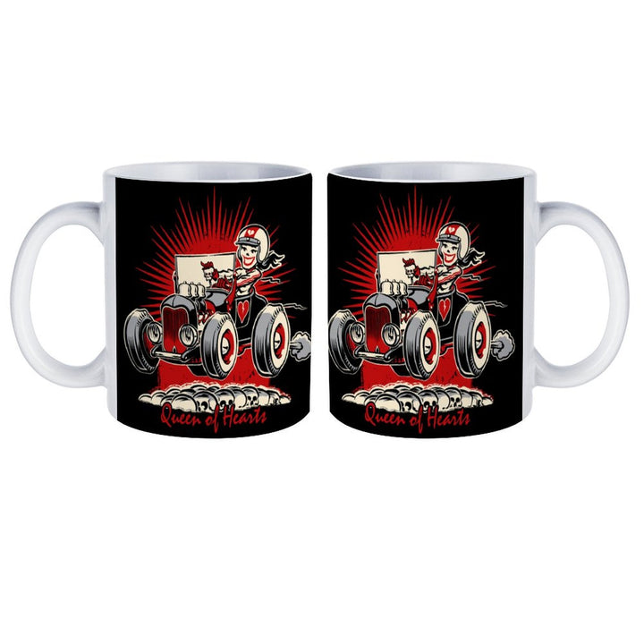 Queen of Hearts retro coffee mug set featuring a cartoon character in a vintage car design.