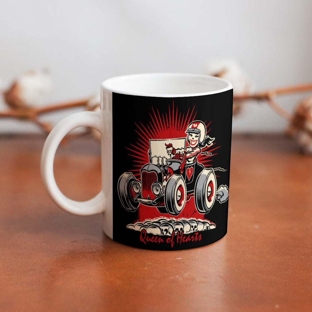 Queen of Hearts retro coffee mug featuring a stylish design with a racing theme, perfect for coffee lovers.