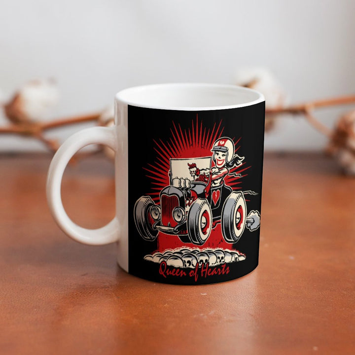 Queen of Hearts retro coffee mug featuring a stylish design with a racing theme, perfect for coffee lovers.