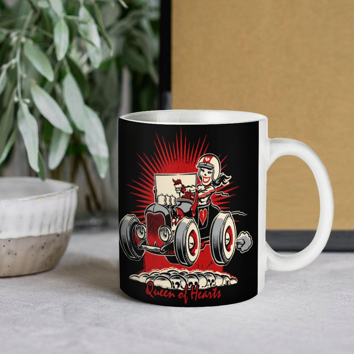 Queen of Hearts retro coffee mug featuring a vintage hot rod design, perfect for stylish coffee or tea enjoyment.