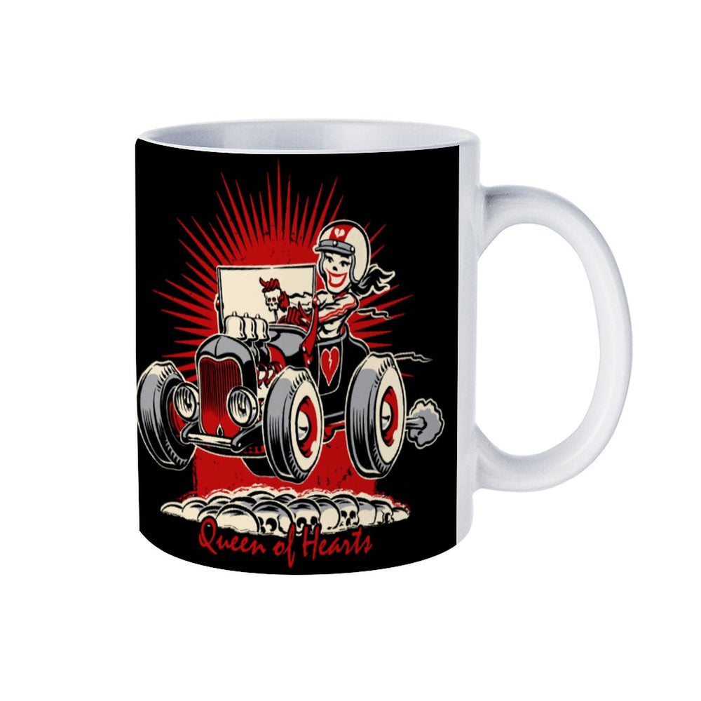 Queen of Hearts ceramic mug featuring a retro design with a character driving a car, perfect for coffee lovers.
